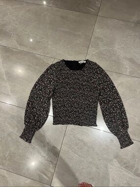 Smocked Floral Long-Sleeve Blouse - Black/Pink
